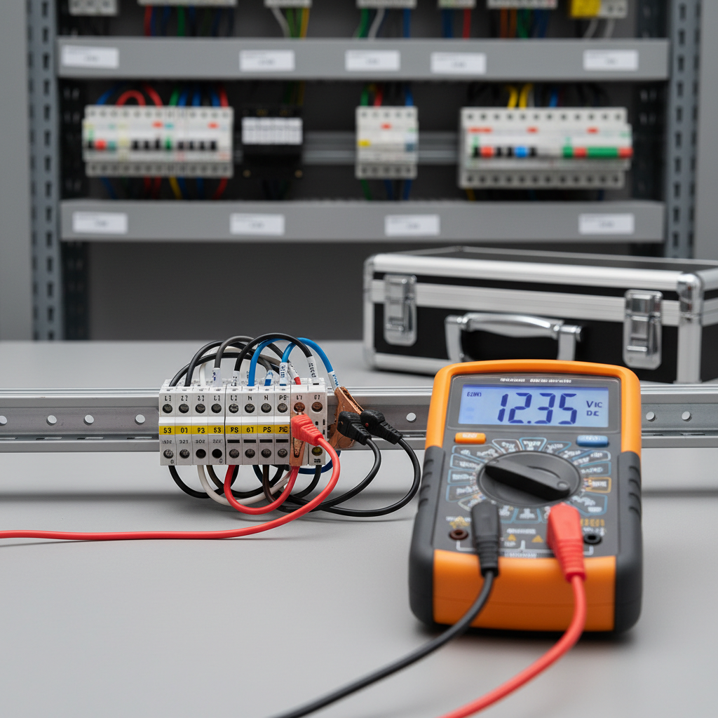 A detailed close-up of a modern electrical diagnostic setup on a light gray workbench: a high-quality digital multimeter with a bright display, insulated test leads clipped onto a precisely wired DIN rail terminal block, and color-coded cable markers clearly visible. The background shows an organized assortment of labeled electrical components and a tidy toolbox, slightly out of focus. Neutral studio lighting from above and slightly to the side creates soft shadows and clear visibility of every texture and marking. Photographic realism, shot at a low angle for a dynamic technical perspective, with a calm, professional atmosphere emphasizing precision troubleshooting, safety, and the expertise behind reliable electrical and domotic installations.