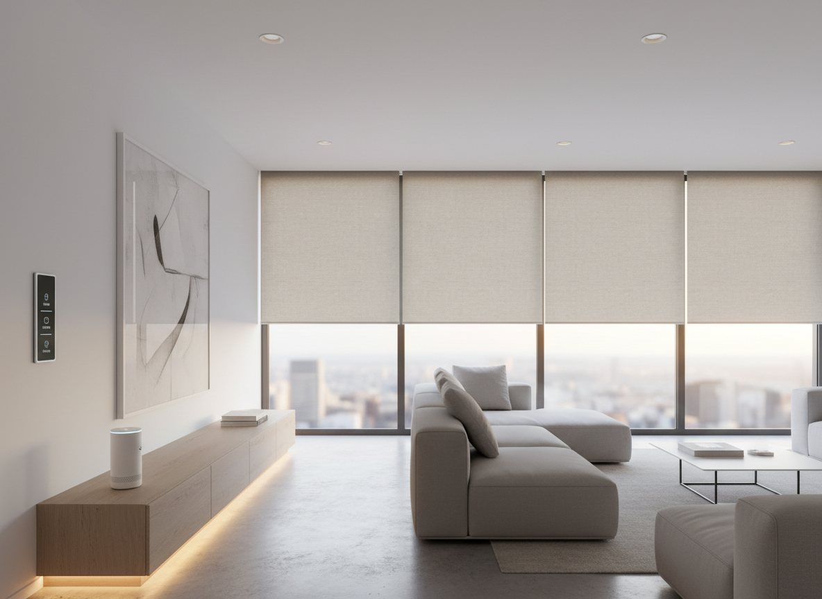 A bright, modern living room showcasing a complete home automation setup: recessed LED ceiling lights, a minimalistic connected wall switch, and a discreet white smart hub placed on a low wooden console. In the background, large windows with closed motorized roller blinds face a city skyline, all in neutral tones and clean lines. Soft afternoon natural light fills the room, accented by warm indirect LED strips under the console. Photographic realism, wide-angle shot with balanced composition and clear depth, creating a calm, high-tech yet welcoming mood that highlights integrated domotics and efficient electrical design for everyday comfort.