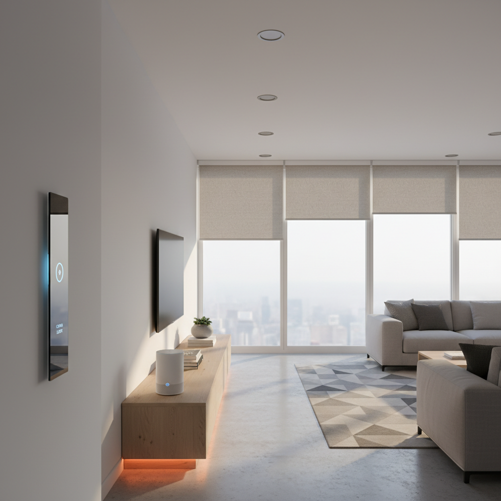 A bright, modern living room showcasing a complete home automation setup: recessed LED ceiling lights, a minimalistic connected wall switch, and a discreet white smart hub placed on a low wooden console. In the background, large windows with closed motorized roller blinds face a city skyline, all in neutral tones and clean lines. Soft afternoon natural light fills the room, accented by warm indirect LED strips under the console. Photographic realism, wide-angle shot with balanced composition and clear depth, creating a calm, high-tech yet welcoming mood that highlights integrated domotics and efficient electrical design for everyday comfort.