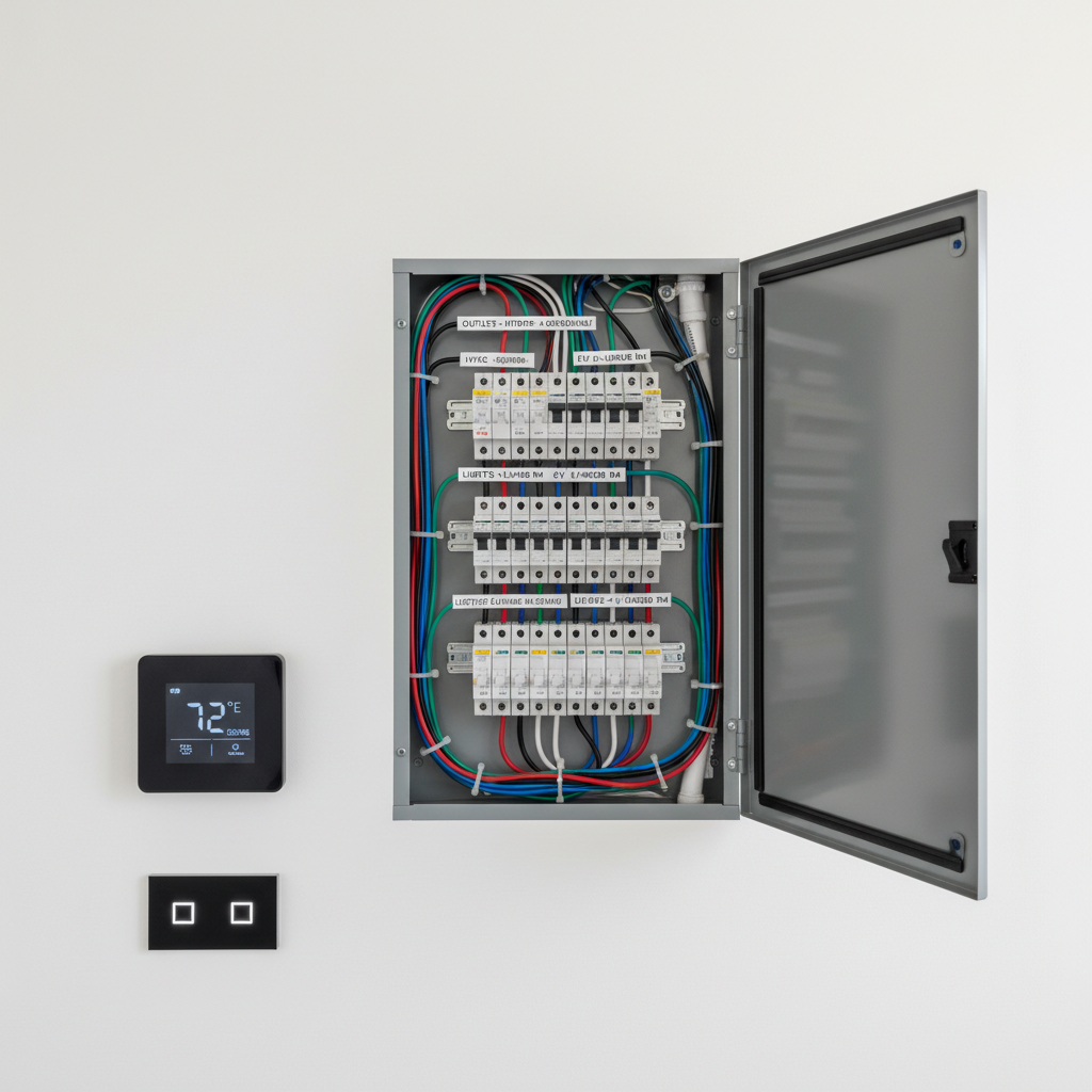 A meticulously organized modern electrical panel with labeled circuit breakers and neatly routed multi-colored cables, mounted on a clean white wall in a contemporary home utility room. Nearby, a matte black smart thermostat and sleek touch-sensitive light switch are installed on a smooth painted surface. Soft, diffused daylight enters from an unseen window, creating gentle reflections on the metallic panel door and subtle shadows on the wall. Photographic realism, shot at eye level with a slight angle to show depth, sharp focus throughout. The atmosphere feels safe, professional, and reliable, emphasizing quality residential electrical installation and modern control solutions in a clean, uncluttered environment.