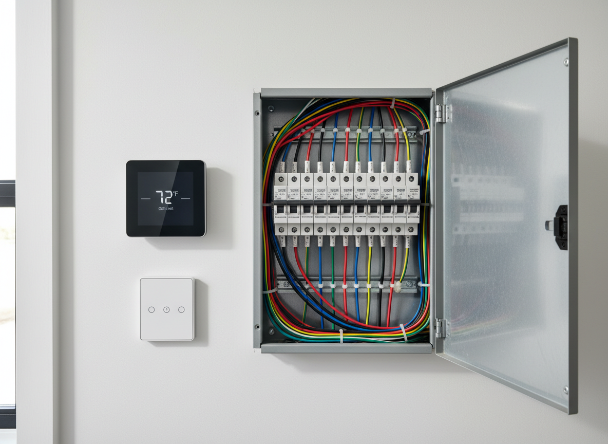 A meticulously organized modern electrical panel with labeled circuit breakers and neatly routed multi-colored cables, mounted on a clean white wall in a contemporary home utility room. Nearby, a matte black smart thermostat and sleek touch-sensitive light switch are installed on a smooth painted surface. Soft, diffused daylight enters from an unseen window, creating gentle reflections on the metallic panel door and subtle shadows on the wall. Photographic realism, shot at eye level with a slight angle to show depth, sharp focus throughout. The atmosphere feels safe, professional, and reliable, emphasizing quality residential electrical installation and modern control solutions in a clean, uncluttered environment.