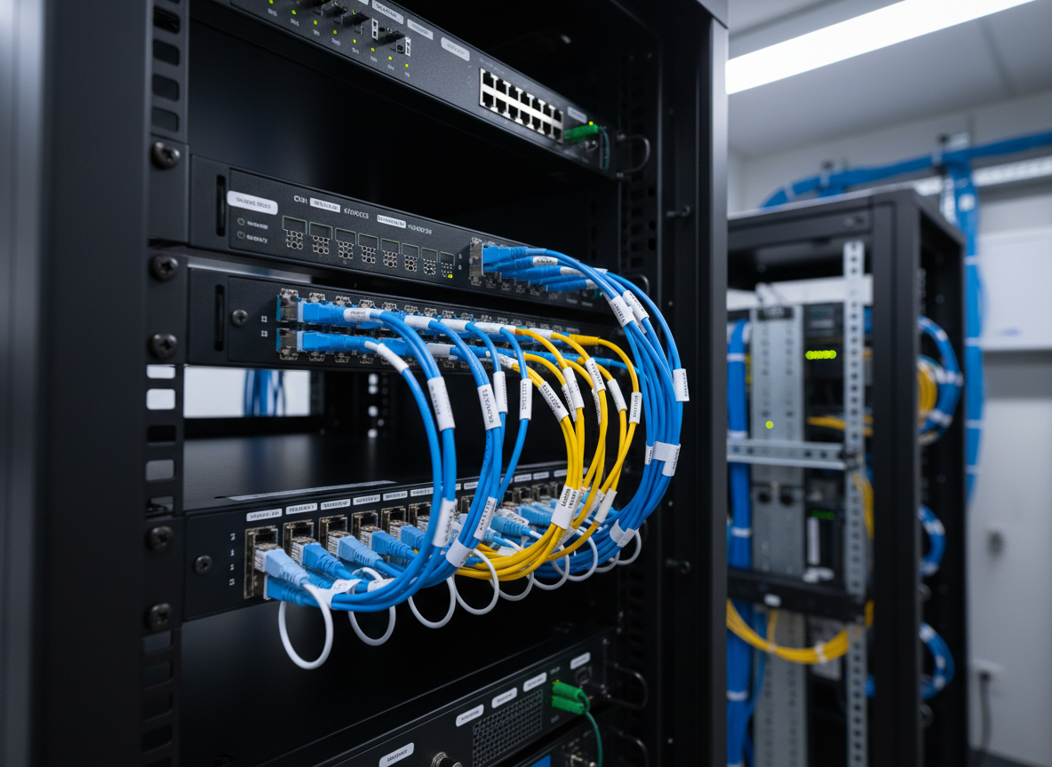 A close-up of a high-speed fiber optic patch panel in a small business technical room, with precisely aligned blue and yellow fiber connectors and neatly bundled cables entering an organized rack. The panel is mounted in a matte black 19-inch cabinet, surrounded by labeled network equipment and structured cabling. Cool, even LED overhead lighting illuminates the scene, creating crisp reflections on the connectors while maintaining a neutral, professional tone. Photographic realism, shot from a slightly elevated angle with shallow depth of field, foreground in razor-sharp focus and background gently blurred. The mood is efficient, modern, and highly technical, underlining reliable fiber deployment and meticulous installation quality.