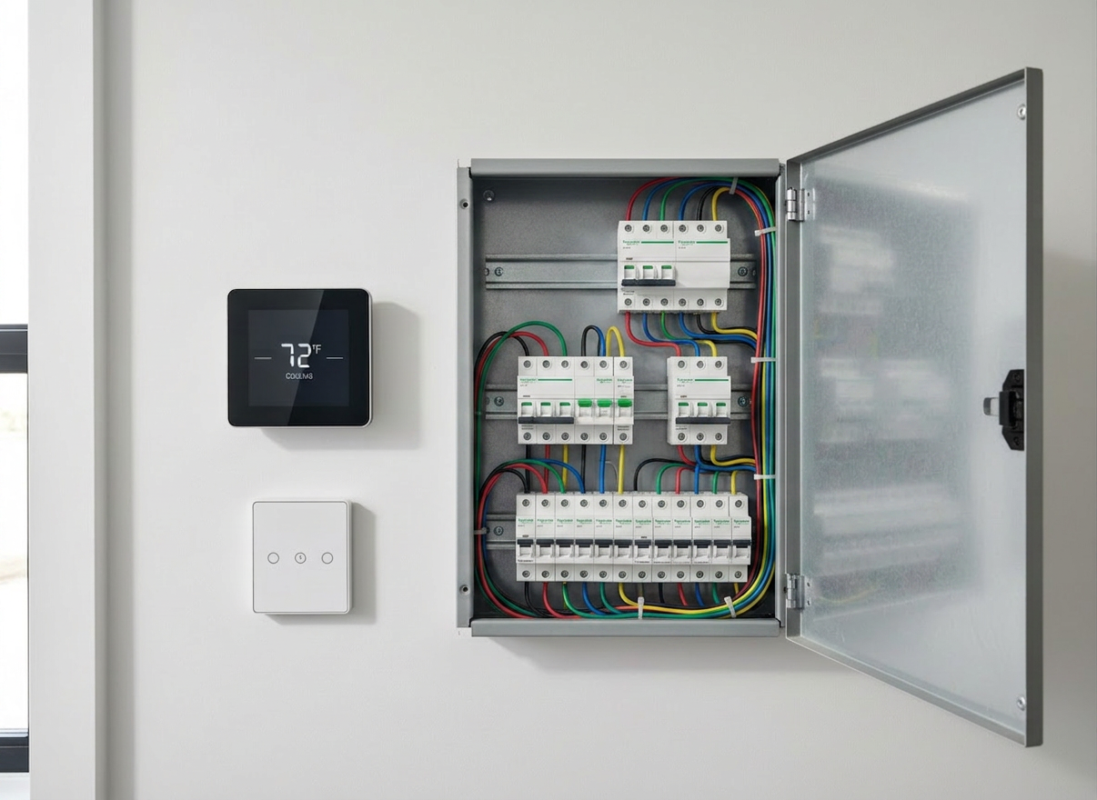 A meticulously organized modern electrical panel with labeled circuit breakers and neatly routed multi-colored cables, mounted on a clean white wall in a contemporary home utility room. Nearby, a matte black smart thermostat and sleek touch-sensitive light switch are installed on a smooth painted surface. Soft, diffused daylight enters from an unseen window, creating gentle reflections on the metallic panel door and subtle shadows on the wall. Photographic realism, shot at eye level with a slight angle to show depth, sharp focus throughout. The atmosphere feels safe, professional, and reliable, emphasizing quality residential electrical installation and modern control solutions in a clean, uncluttered environment.