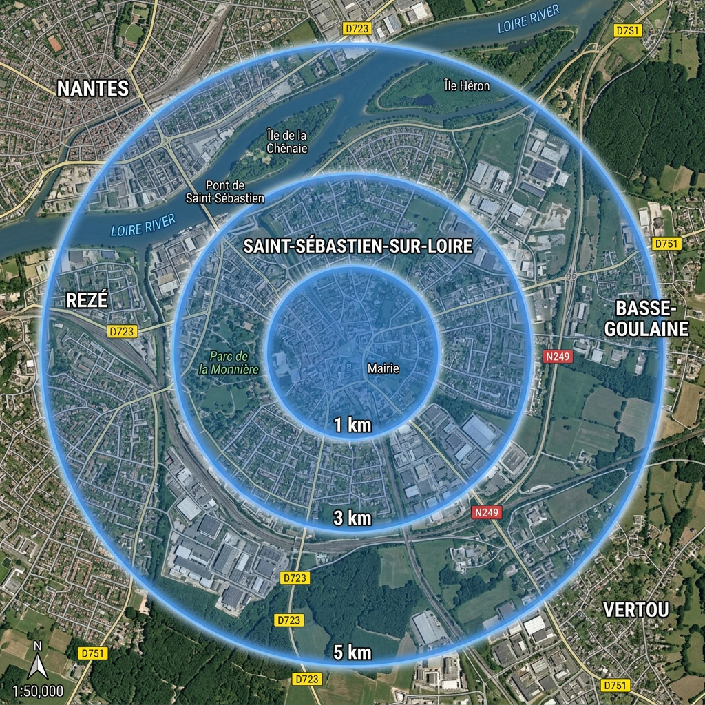 Map with concentric distance rings around Saint-Sébastien-sur-Loire in France