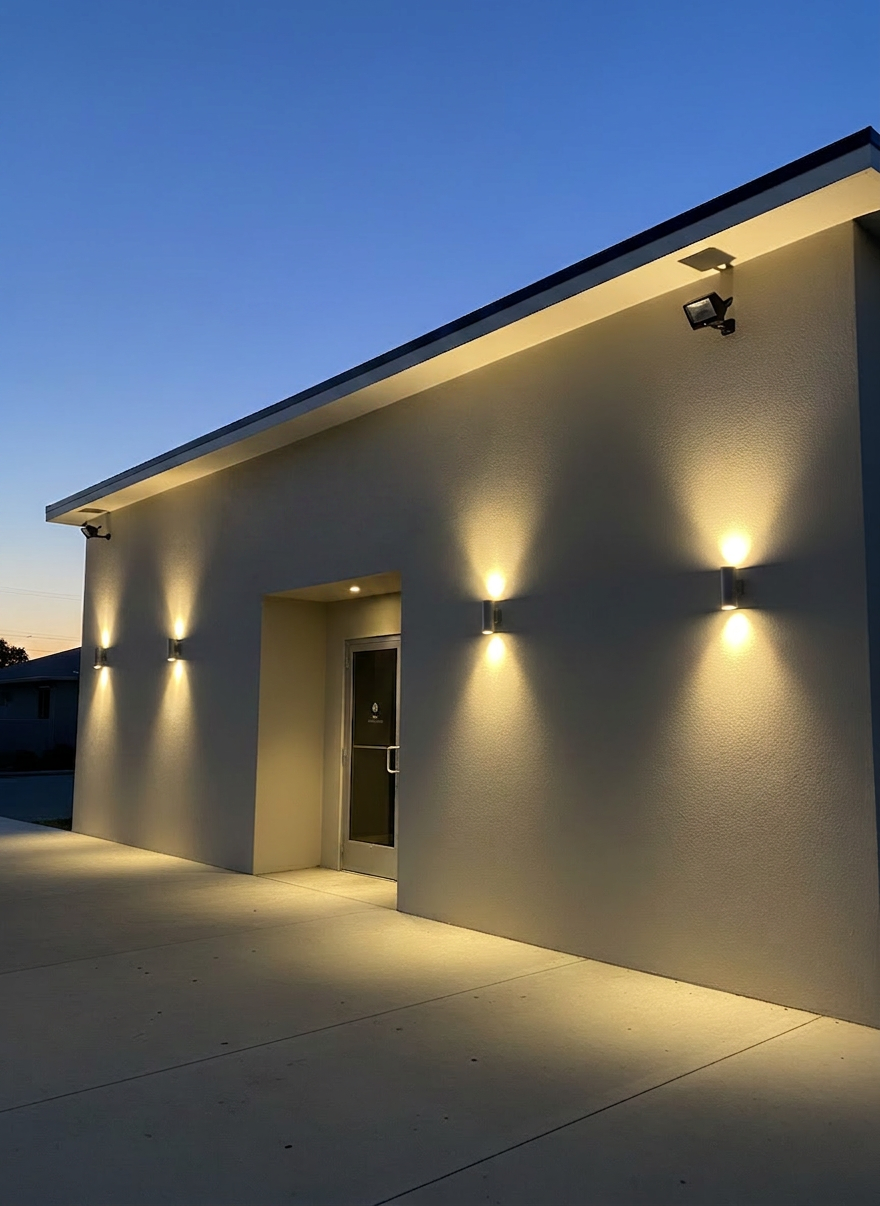 A clean exterior view of a small commercial building façade at dusk, featuring expertly installed LED wall sconces, illuminated signage, and discreet exterior security lighting. Electrical conduits are hidden, leaving only sleek fixtures in brushed aluminum and matte black finishes against a light-colored rendered wall. The sky has a soft blue hour gradient, and warm white light washes the building, creating gentle pools of light on the pavement. Photographic realism, shot from street level with a slightly wide angle, balanced composition capturing the entire façade. The atmosphere feels secure, welcoming, and professional, showcasing thoughtful outdoor electrical design that enhances safety and visibility for businesses.